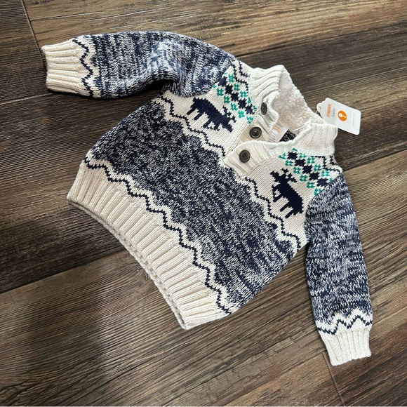 Gymboree blue 3button mock neck soft  winter sweater with moose baby boy 3-6 mo - Picture 1 of 6